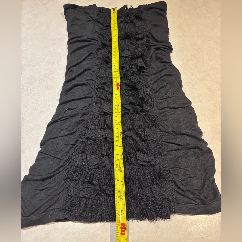 GUESS BLACK RUCHED HALTER/STRAPLESS MINI DRESS WITH LACE RUFFLING - Picture 11 of 11